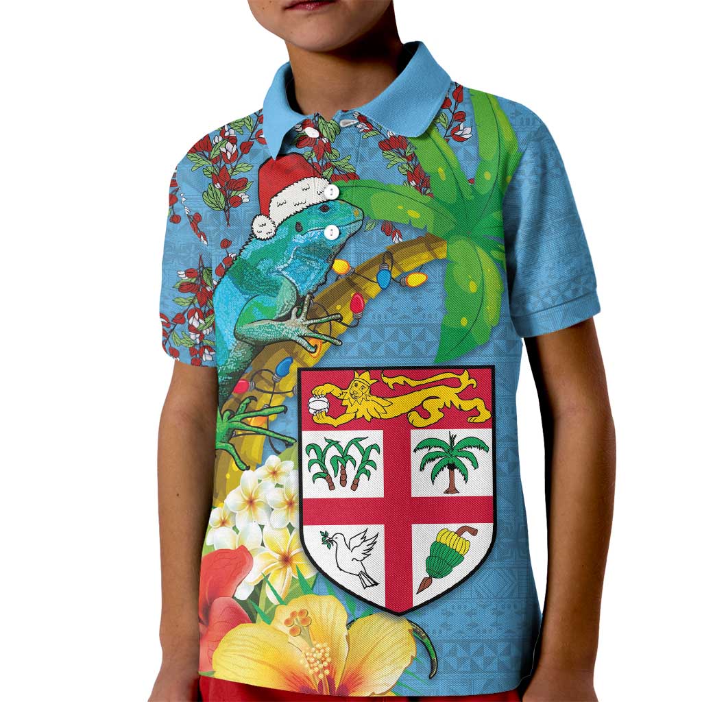 Fijians Iguana Tagimoucia Christmas Kid Polo Shirt Christmas Palm Tree and Hibiscus LT03 Kid Blue - Polynesian Pride