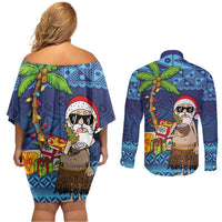 The Funny Santa Wears Sulu Christmas Couples Matching Off Shoulder Short Dress and Long Sleeve Button Shirt Fijian Christmas Palm Tree With Masi Art Tattoo