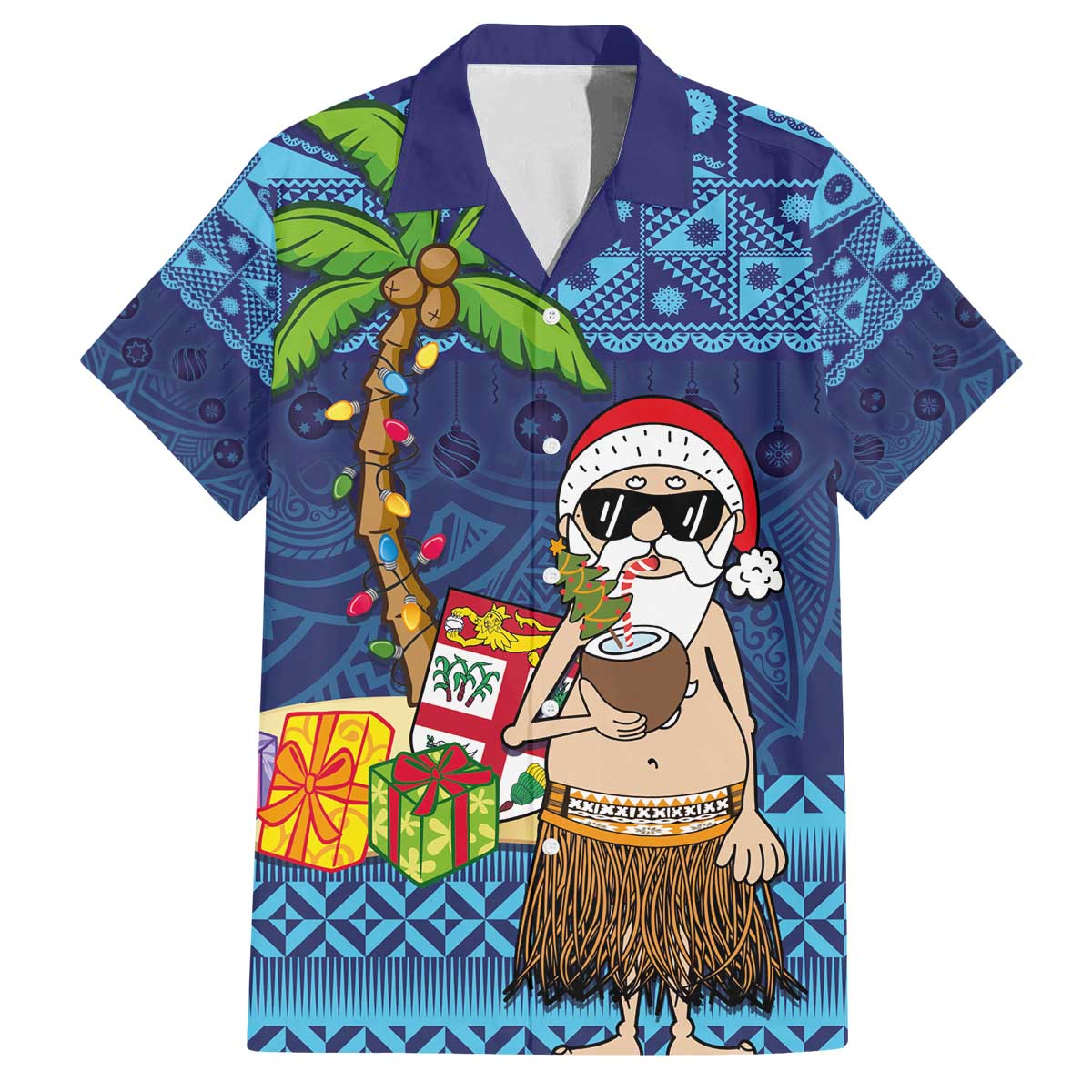 The Funny Santa Wears Sulu Christmas Family Matching Off The Shoulder Long Sleeve Dress and Hawaiian Shirt Fijian Christmas Palm Tree With Masi Art Tattoo