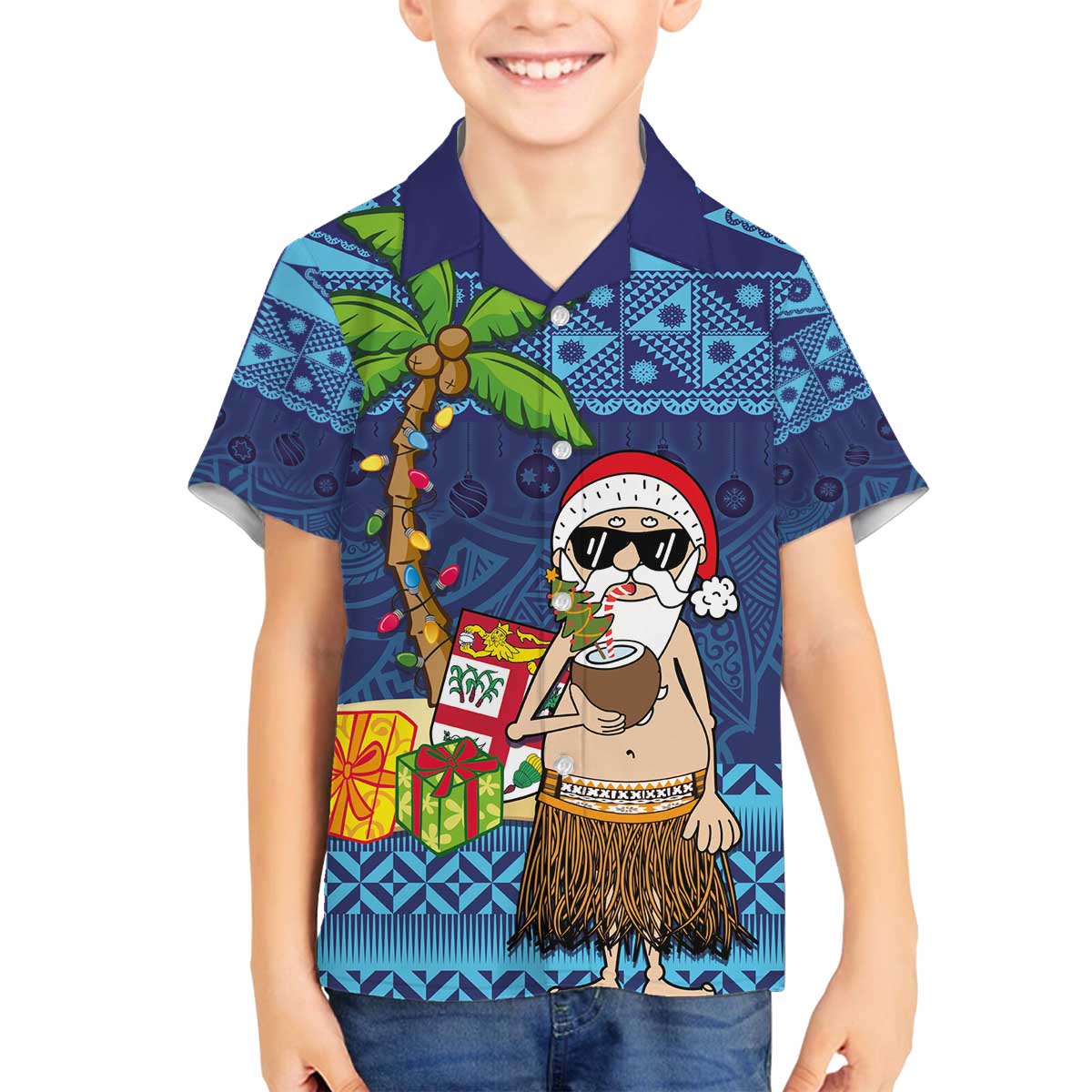 The Funny Santa Wears Sulu Christmas Family Matching Off The Shoulder Long Sleeve Dress and Hawaiian Shirt Fijian Christmas Palm Tree With Masi Art Tattoo