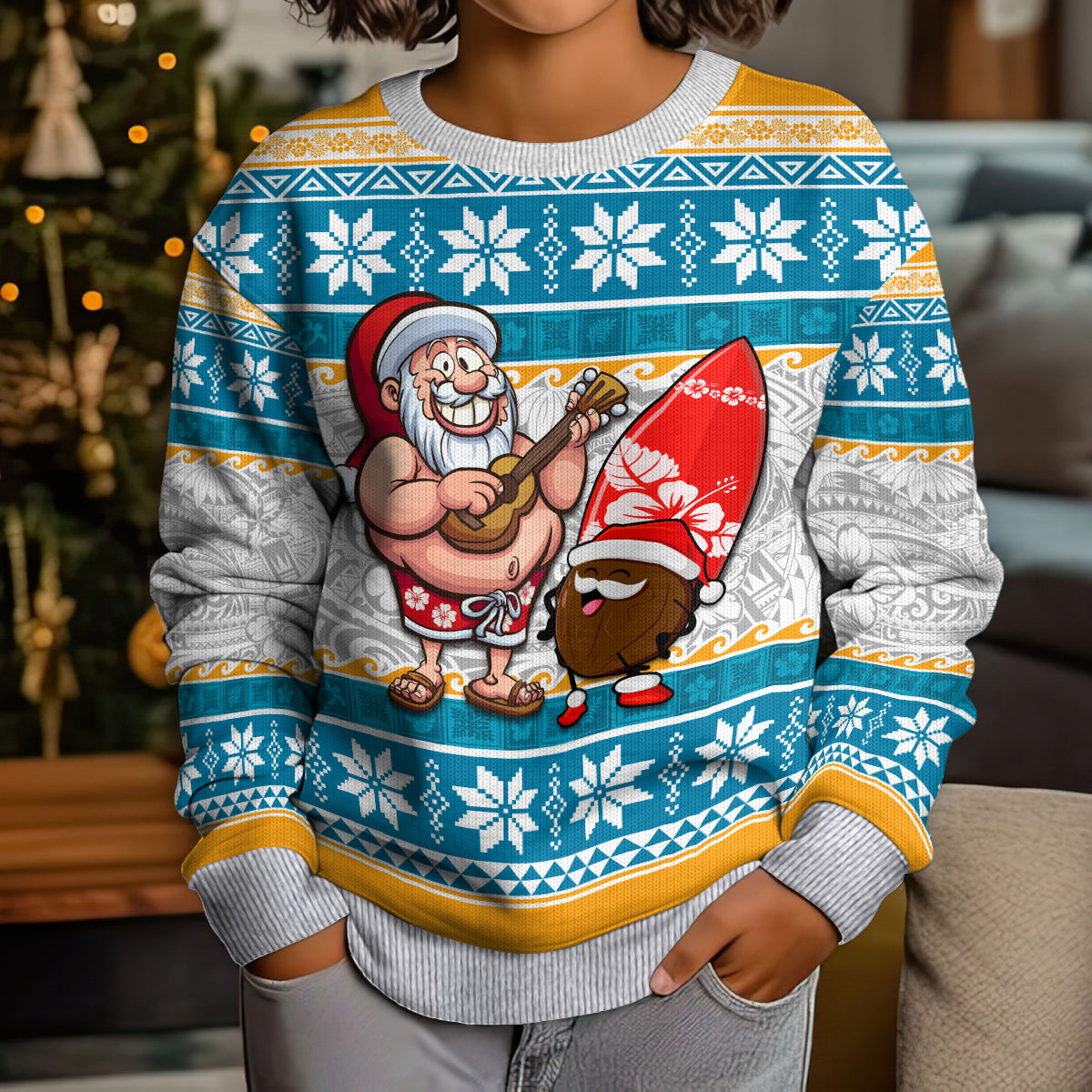 Hawaii Mele Kalikimaka Kid Ugly Christmas Sweater Funny Santa and Coconut Mix Kakau Pattern LT03 - Polynesian Pride
