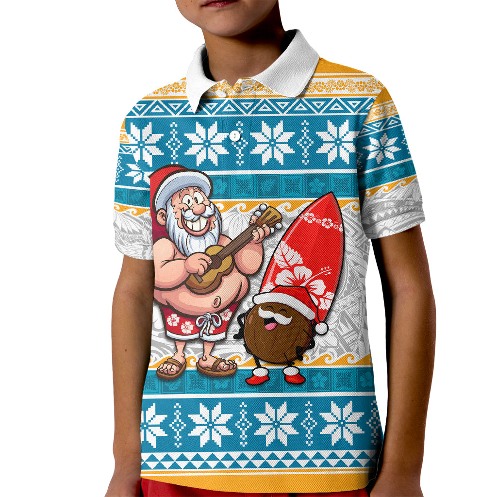 Hawaii Mele Kalikimaka Kid Polo Shirt Funny Santa and Coconut Mix Kakau Pattern LT03 Kid Blue - Polynesian Pride