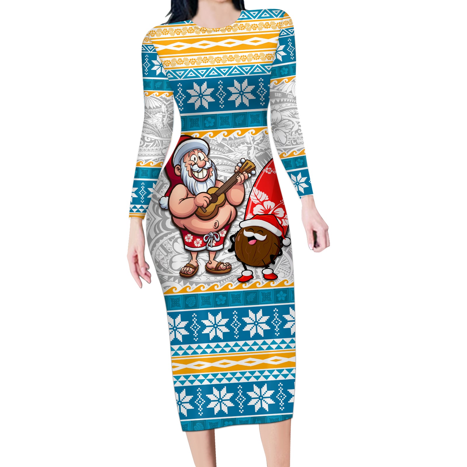 Hawaii Mele Kalikimaka Long Sleeve Bodycon Dress Funny Santa and Coconut Mix Kakau Pattern LT03 Long Dress Blue - Polynesian Pride