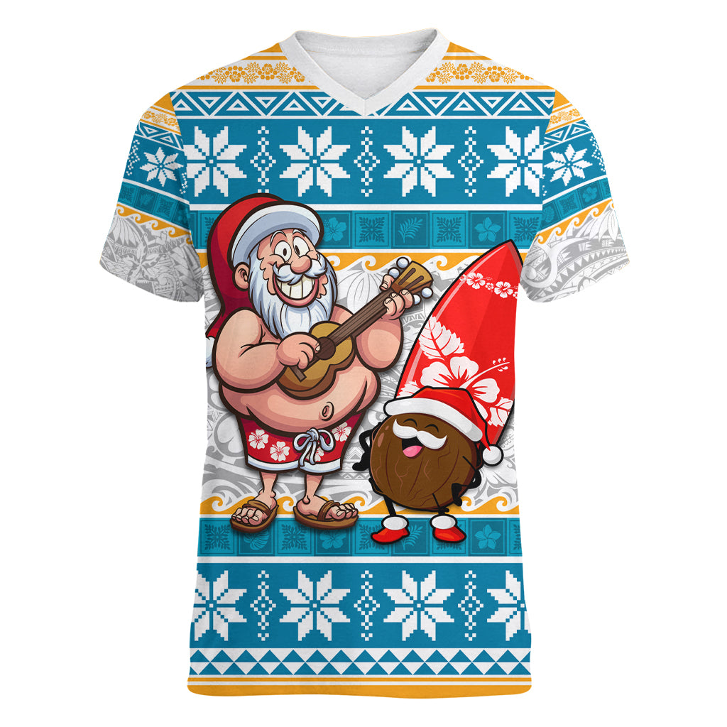 Hawaii Mele Kalikimaka Women V Neck T Shirt Funny Santa and Coconut Mix Kakau Pattern LT03 Female Blue - Polynesian Pride