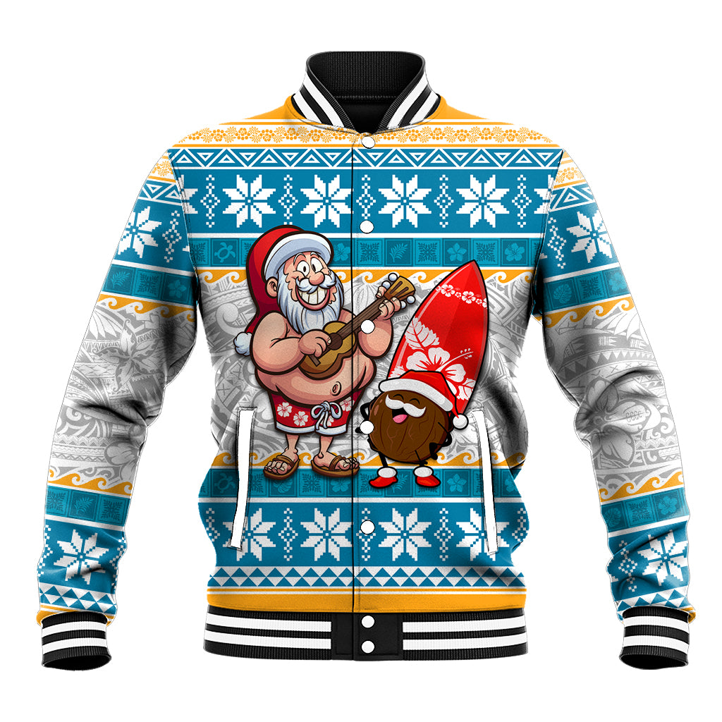 Custom Hawaii Mele Kalikimaka Baseball Jacket Funny Santa and Coconut Mix Kakau Pattern LT03 Unisex Blue - Polynesian Pride
