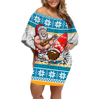 Custom Hawaii Mele Kalikimaka Family Matching Off Shoulder Short Dress and Hawaiian Shirt Funny Santa and Coconut Mix Kakau Pattern LT03 Mom's Dress Blue - Polynesian Pride