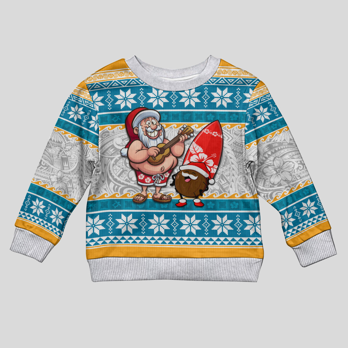 Custom Hawaii Mele Kalikimaka Kid Ugly Christmas Sweater Funny Santa and Coconut Mix Kakau Pattern LT03 Kid Blue - Polynesian Pride