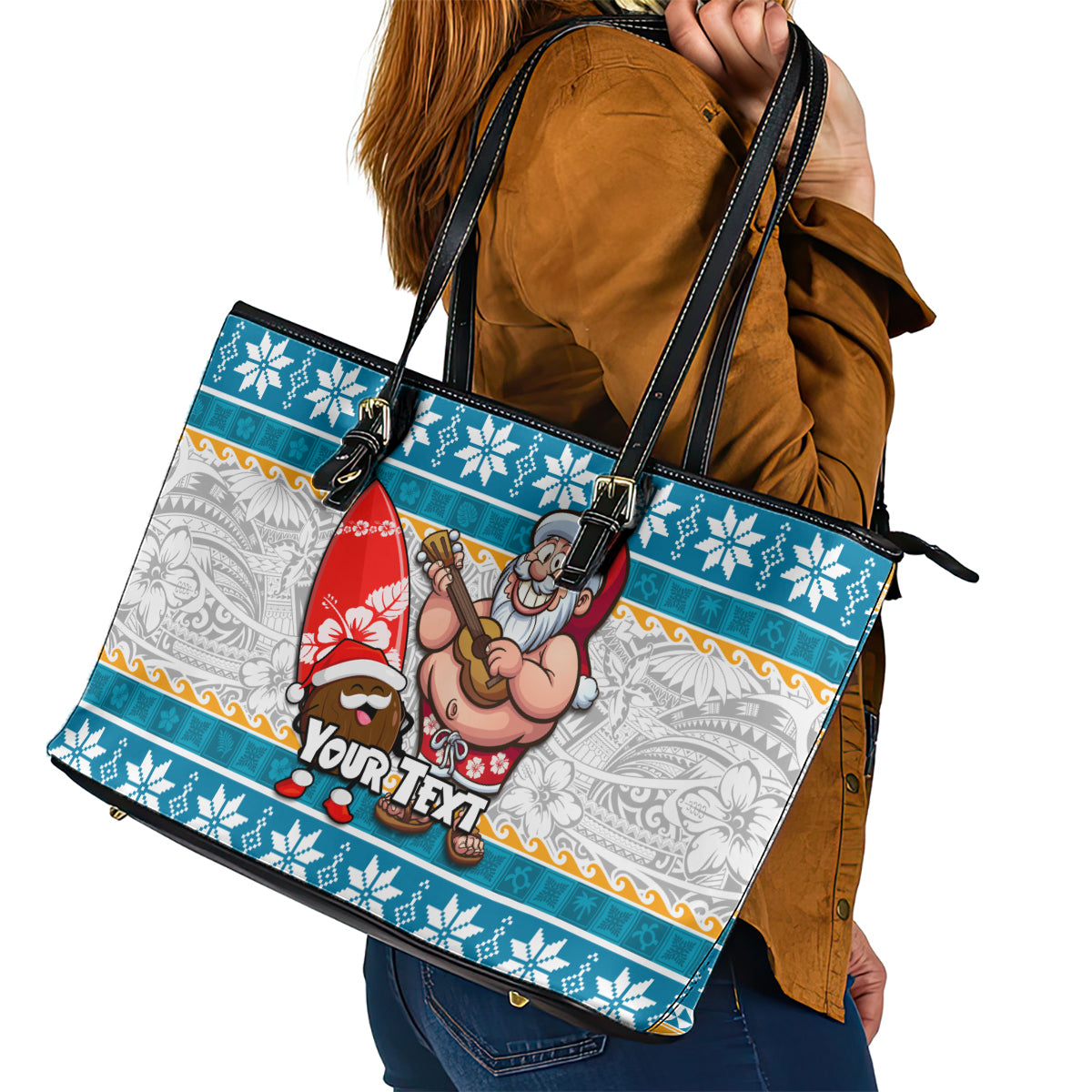Custom Hawaii Mele Kalikimaka Leather Tote Bag Funny Santa and Coconut Mix Kakau Pattern LT03 - Polynesian Pride