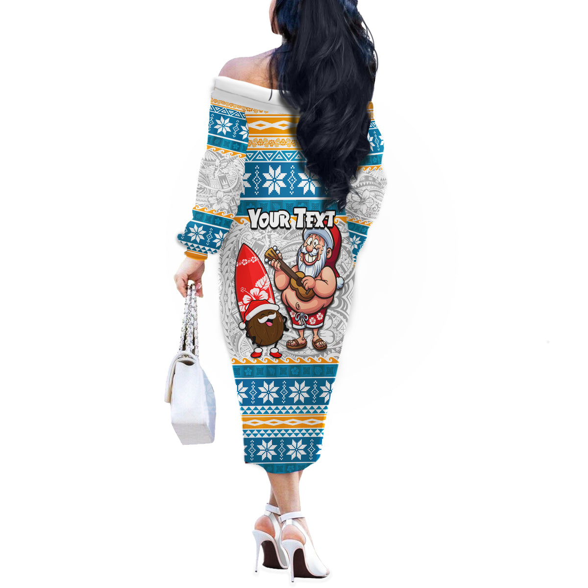 Custom Hawaii Mele Kalikimaka Off The Shoulder Long Sleeve Dress Funny Santa and Coconut Mix Kakau Pattern LT03 - Polynesian Pride