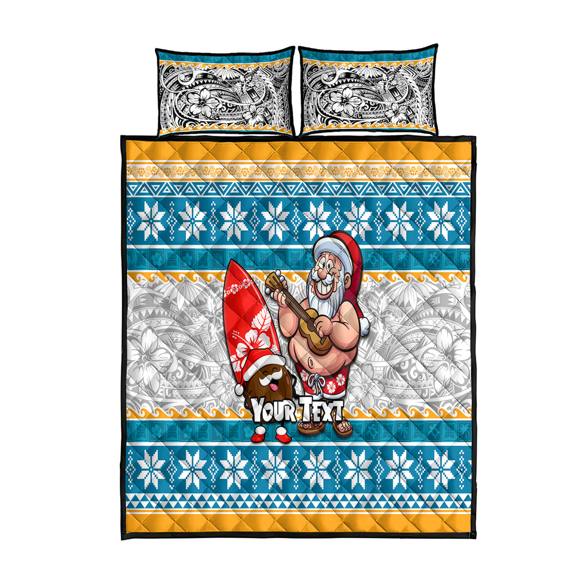 Custom Hawaii Mele Kalikimaka Quilt Bed Set Funny Santa and Coconut Mix Kakau Pattern LT03 Blue - Polynesian Pride