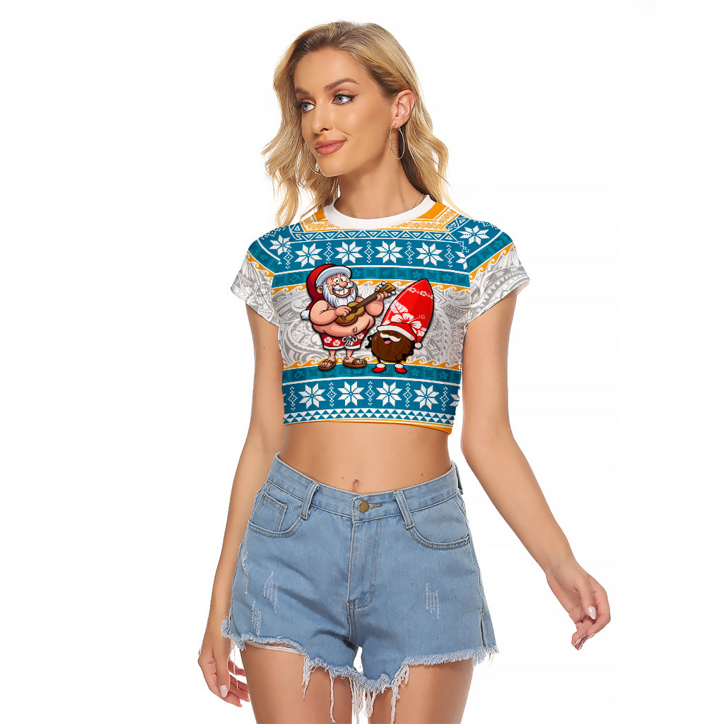 Custom Hawaii Mele Kalikimaka Raglan Cropped T Shirt Funny Santa and Coconut Mix Kakau Pattern LT03 Female Blue - Polynesian Pride