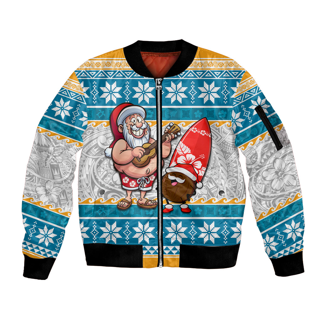 Custom Hawaii Mele Kalikimaka Sleeve Zip Bomber Jacket Funny Santa and Coconut Mix Kakau Pattern LT03 Unisex Blue - Polynesian Pride