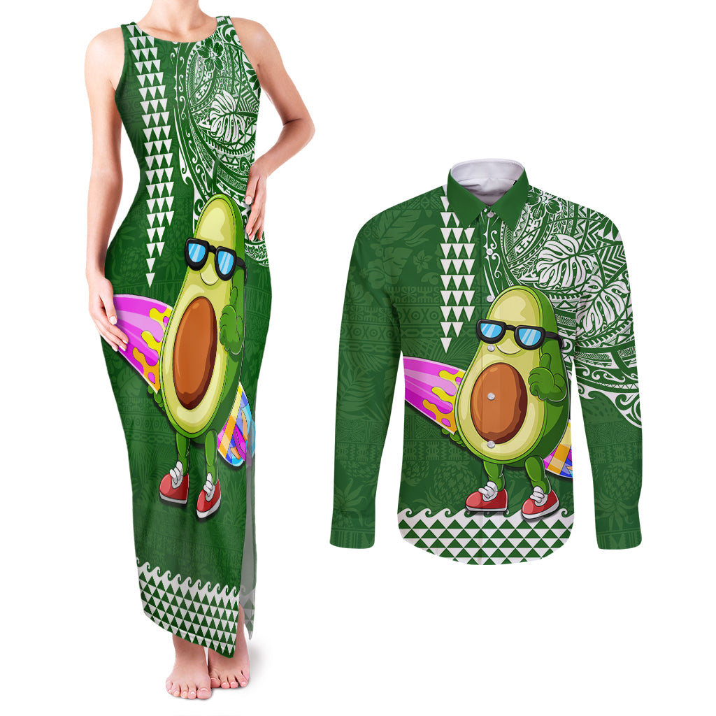 Hawaii Couples Matching Tank Maxi Dress and Long Sleeve Button Shirt Aloha Funny Avocado Mix Kakau Hawaiian Tribal LT03 Green - Polynesian Pride