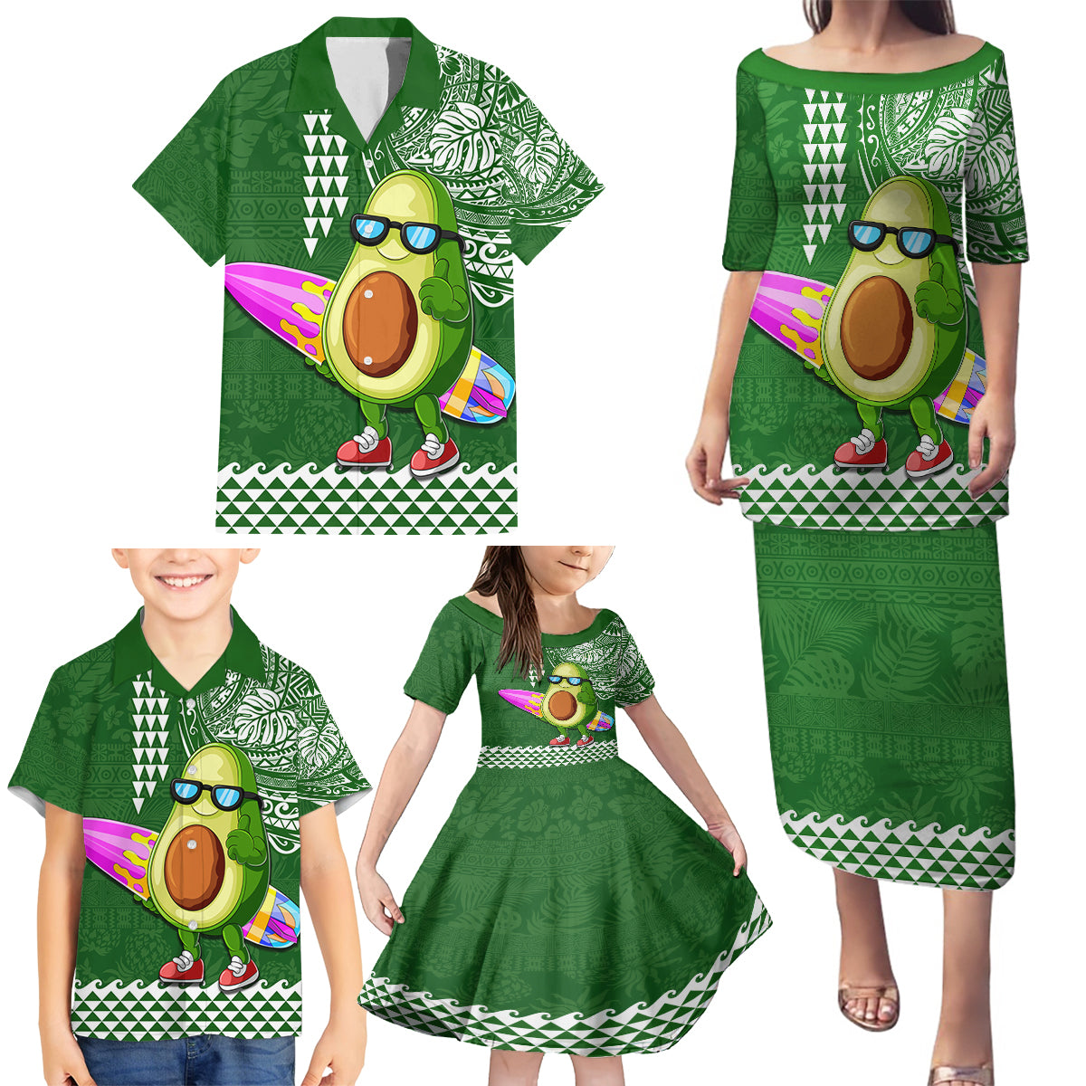 Hawaii Family Matching Puletasi Dress and Hawaiian Shirt Aloha Funny Avocado Mix Kakau Hawaiian Tribal LT03 - Polynesian Pride