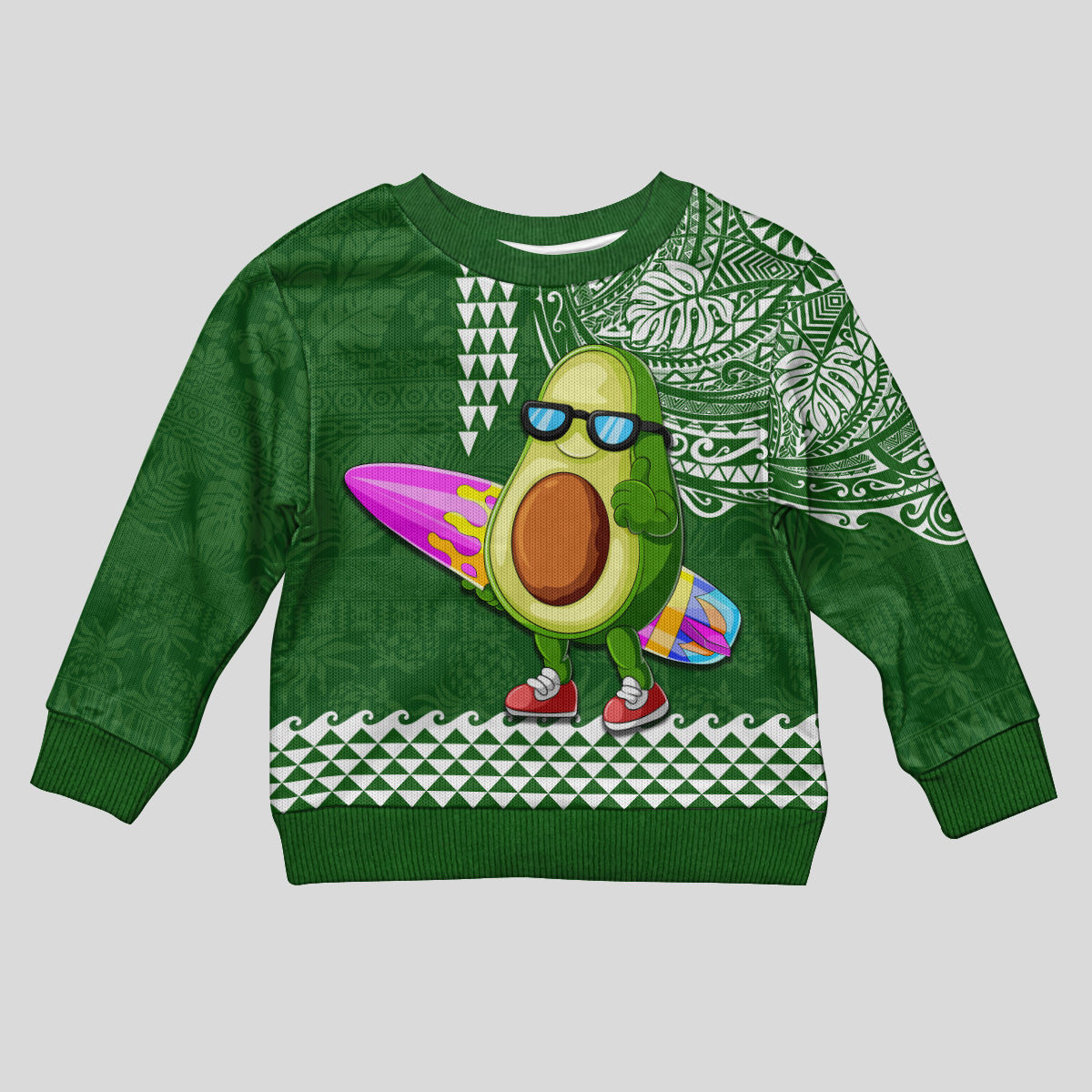 Hawaii Kid Ugly Christmas Sweater Aloha Funny Avocado Mix Kakau Hawaiian Tribal LT03 Kid Green - Polynesian Pride