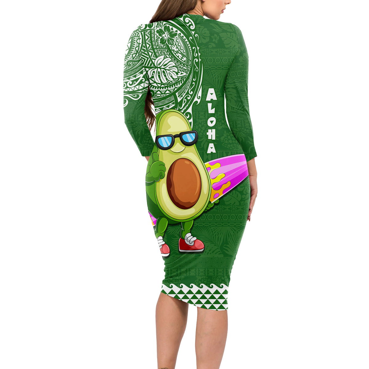 Hawaii Long Sleeve Bodycon Dress Aloha Funny Avocado Mix Kakau Hawaiian Tribal LT03 - Polynesian Pride