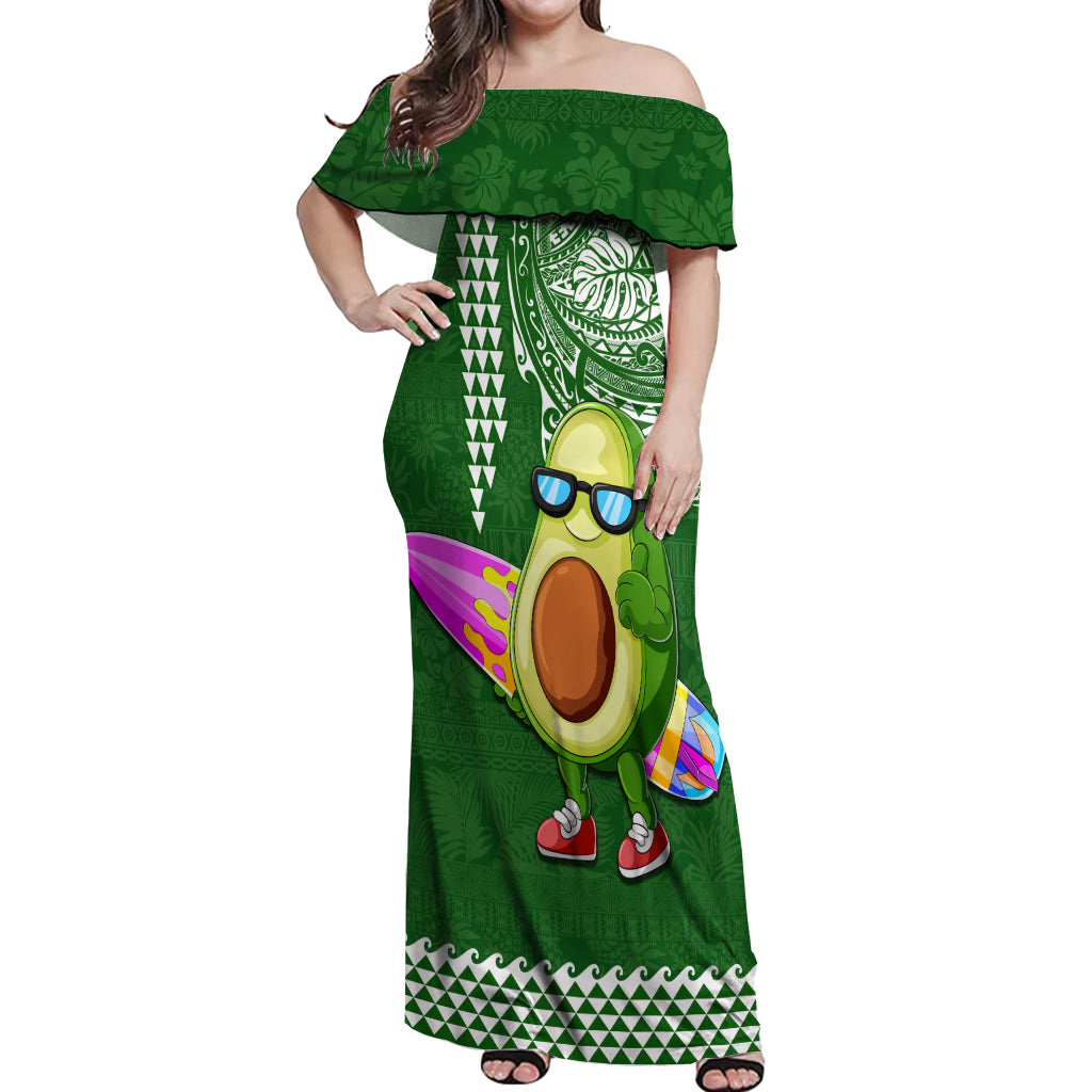 Hawaii Off Shoulder Maxi Dress Aloha Funny Avocado Mix Kakau Hawaiian Tribal LT03 Women Green - Polynesian Pride