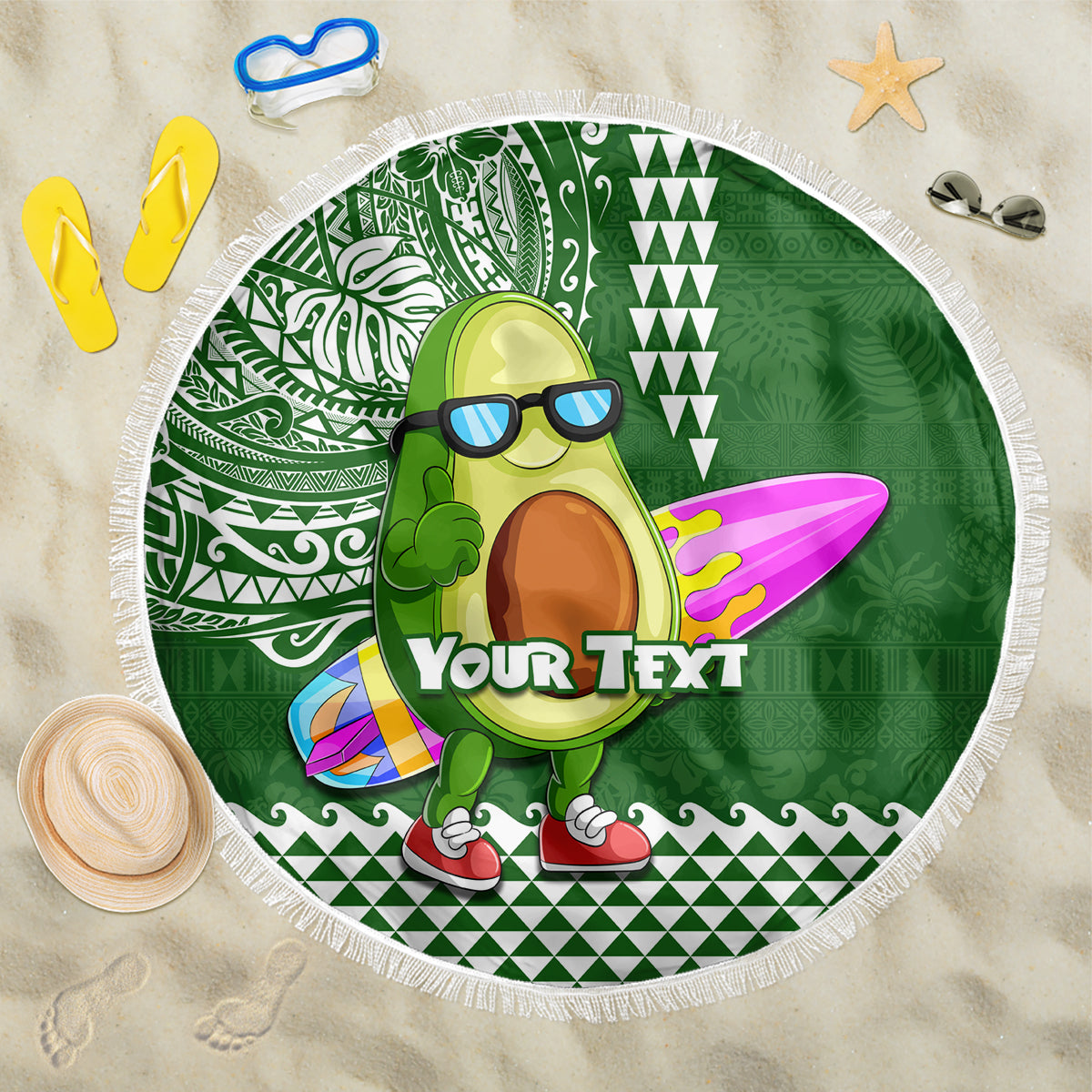 Aloha Avocado Funny Fruits Custom Beach Blanket Mix Hawaiian Kakau Tribal LT03 One Size 150cm Green - Polynesian Pride