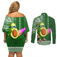 Aloha Avocado Funny Fruits Custom Couples Matching Off Shoulder Short Dress and Long Sleeve Button Shirt Mix Hawaiian Kakau Tribal LT03 - Polynesian Pride