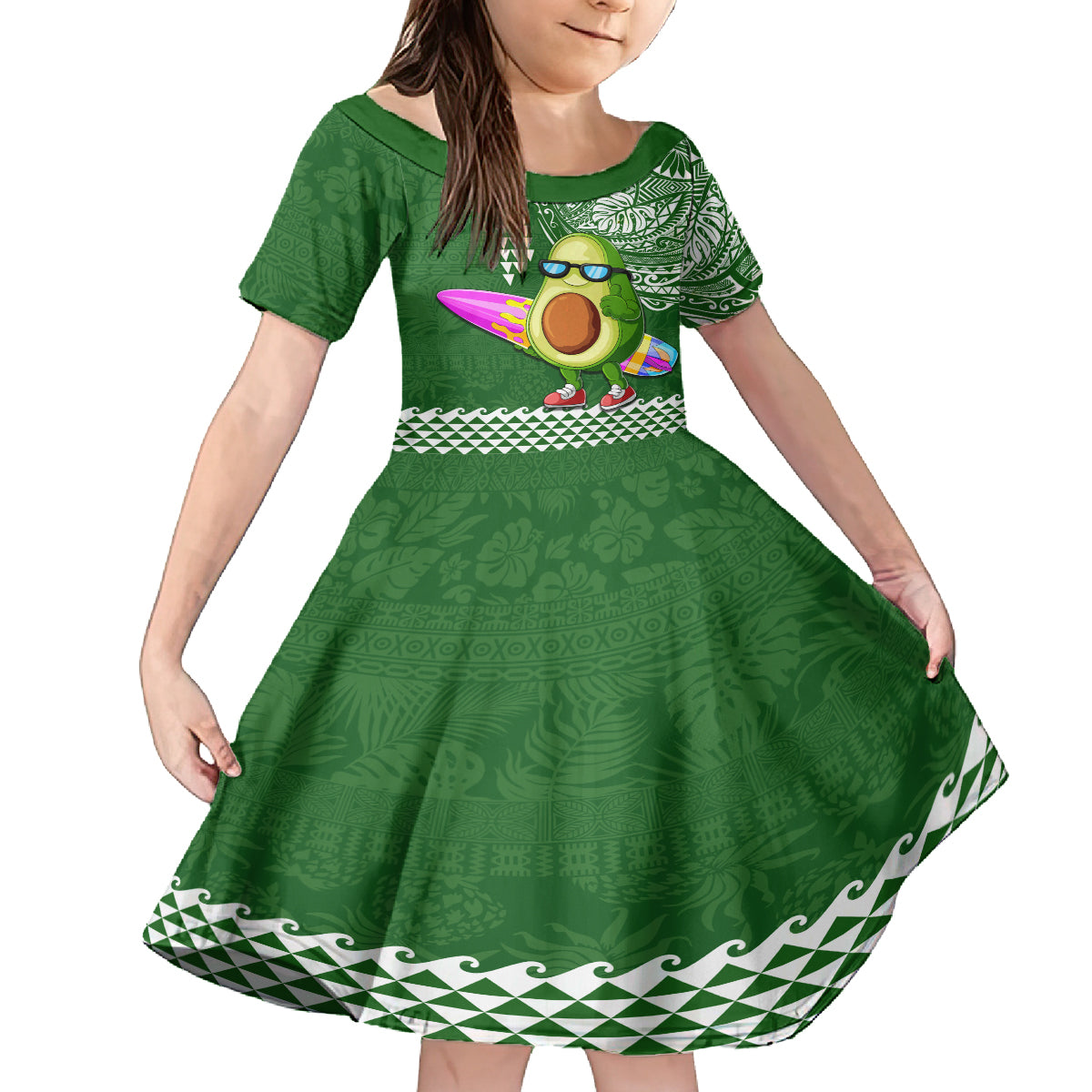 Aloha Avocado Funny Fruits Custom Family Matching Off Shoulder Short Dress and Hawaiian Shirt Mix Hawaiian Kakau Tribal LT03 Daughter's Dress Green - Polynesian Pride