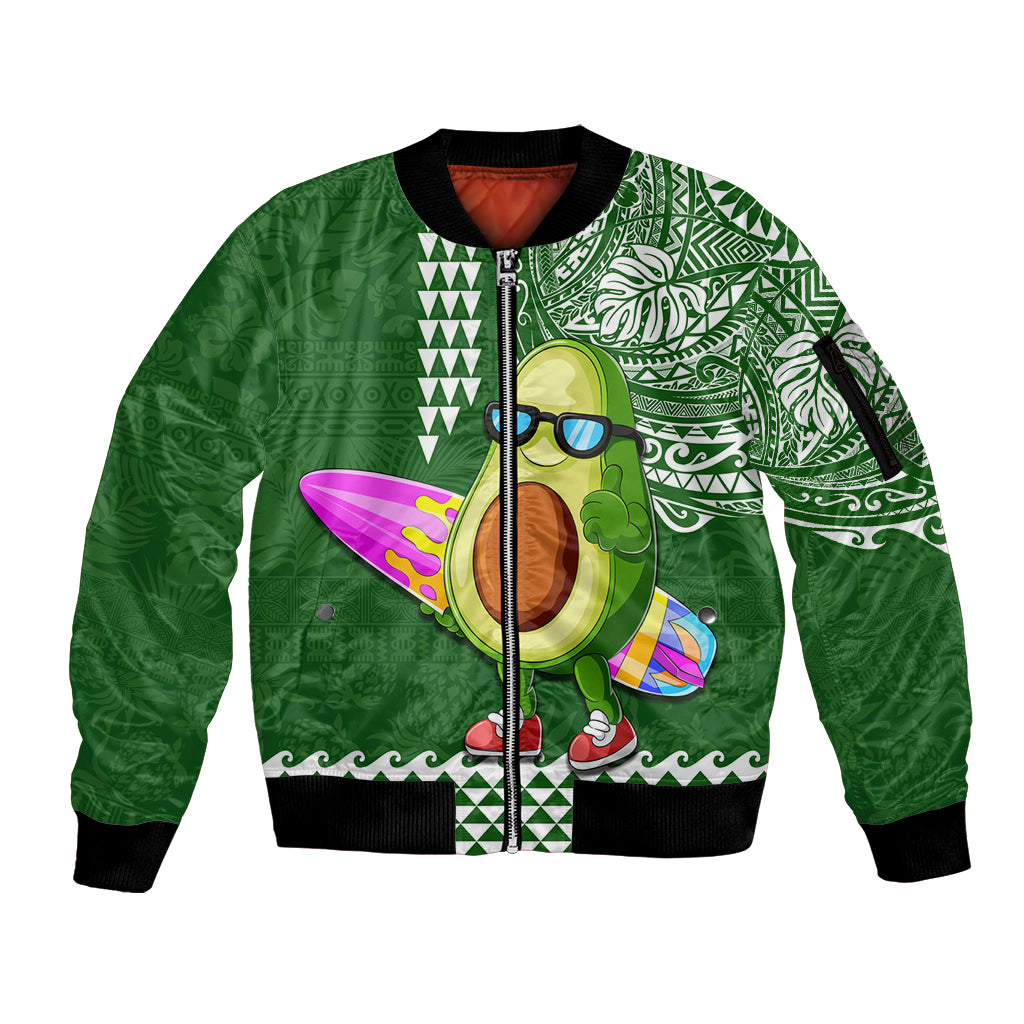 Aloha Avocado Funny Fruits Custom Sleeve Zip Bomber Jacket Mix Hawaiian Kakau Tribal LT03 Unisex Green - Polynesian Pride