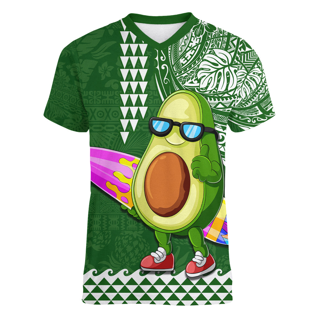 Aloha Avocado Funny Fruits Custom Women V Neck T Shirt Mix Hawaiian Kakau Tribal LT03 Female Green - Polynesian Pride