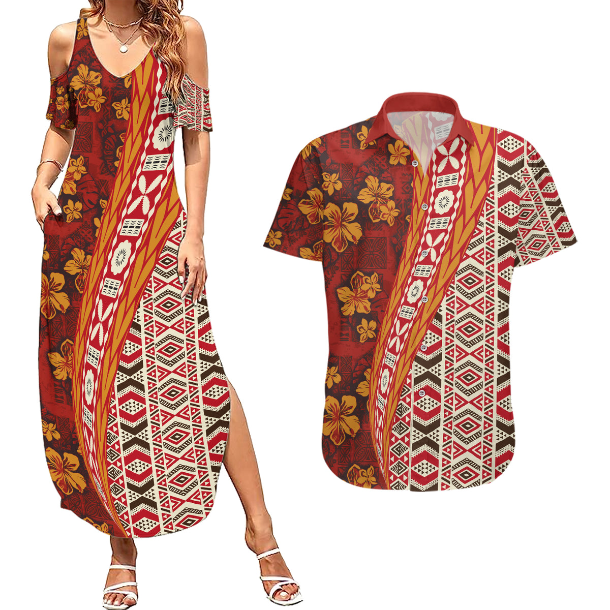 Hawaii Native Tapa Elements and Hibiscus Flowers Couples Matching Summer Maxi Dress and Hawaiian Shirt LT03 Red - Polynesian Pride