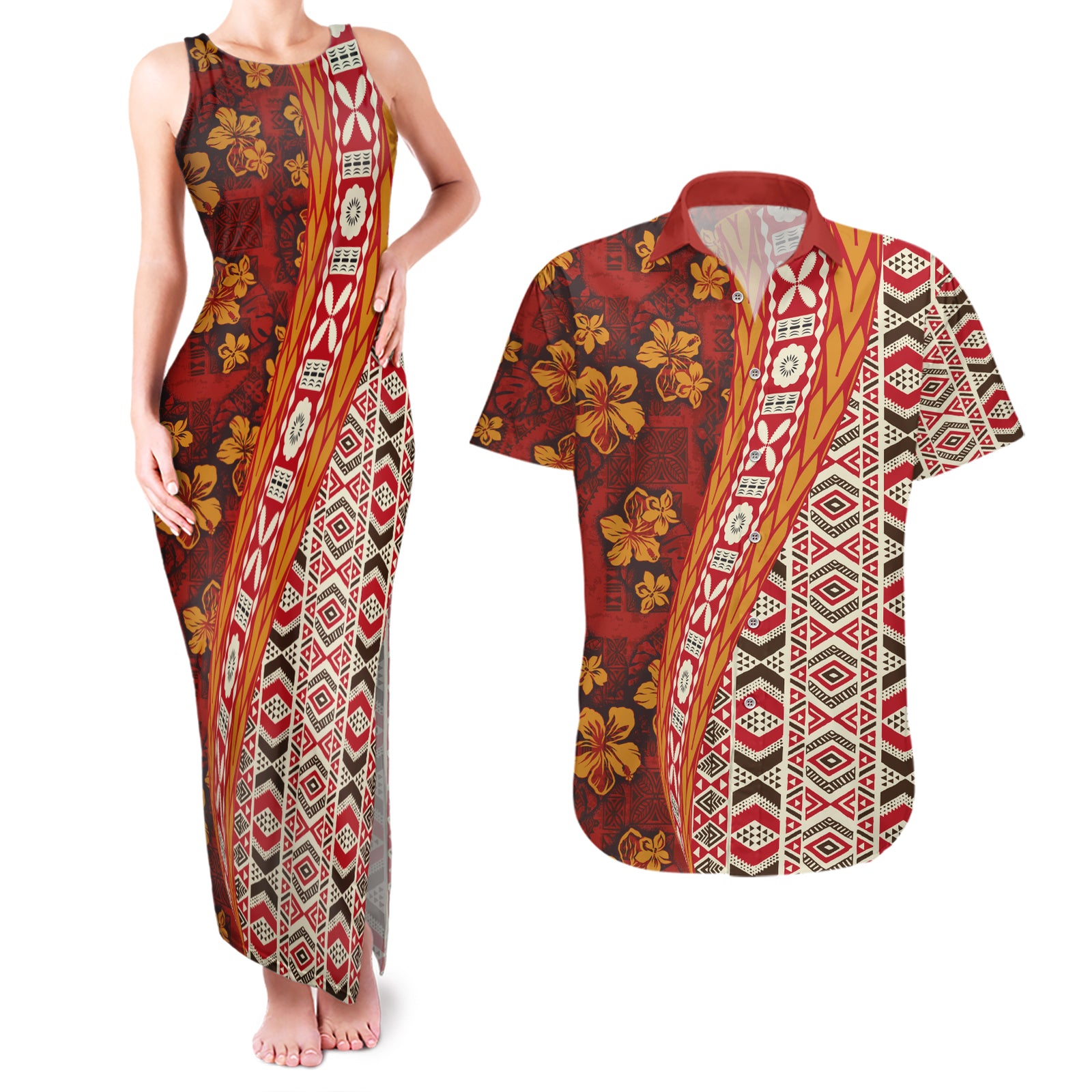 Hawaii Native Tapa Elements and Hibiscus Flowers Couples Matching Tank Maxi Dress and Hawaiian Shirt LT03 Red - Polynesian Pride