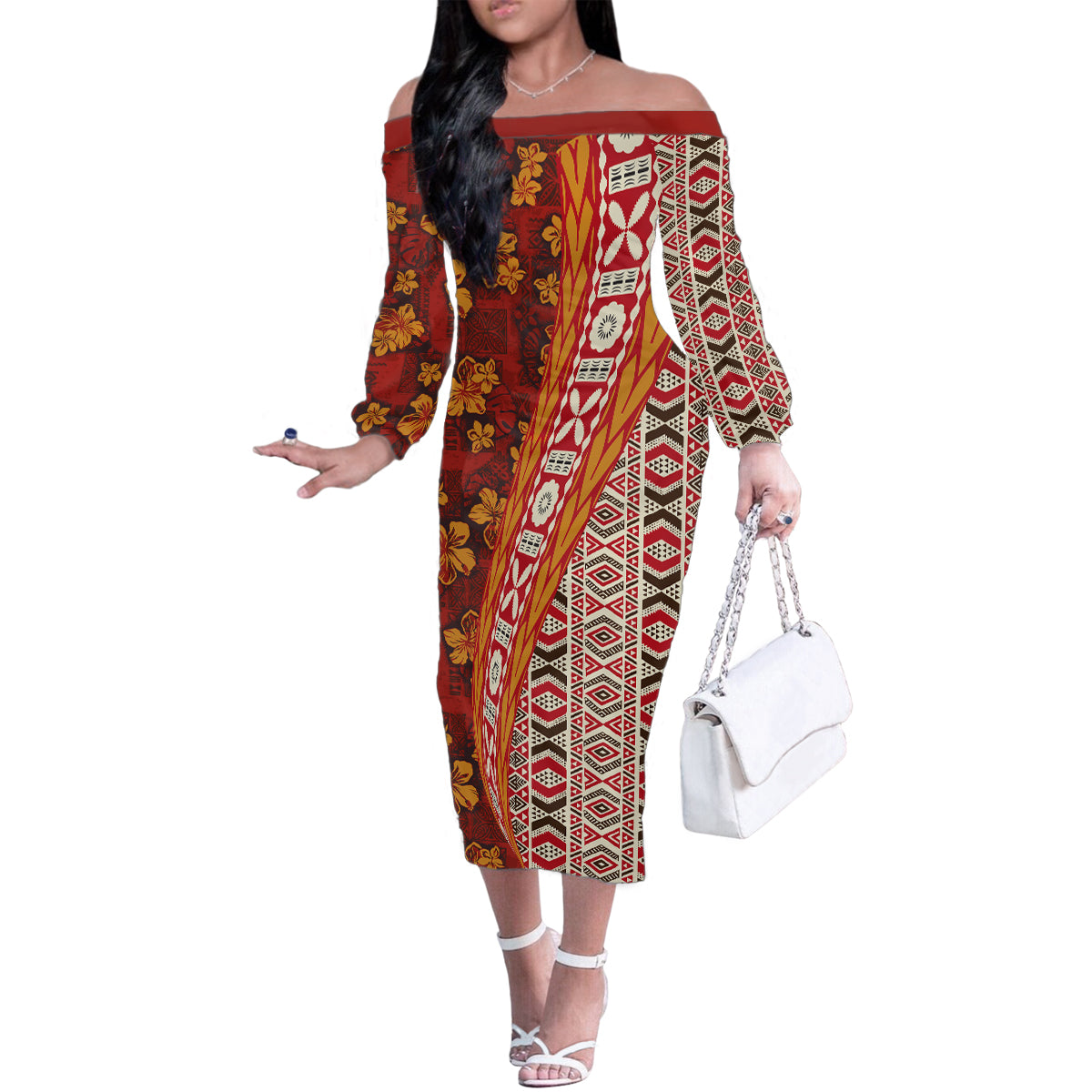 Hawaii Native Tapa Elements and Hibiscus Flowers Family Matching Off Shoulder Long Sleeve Dress and Hawaiian Shirt LT03 Mom's Dress Red - Polynesian Pride