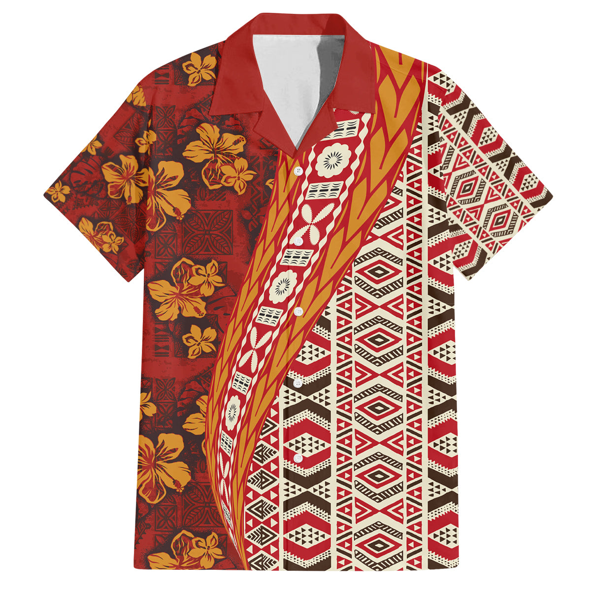 Hawaii Native Tapa Elements and Hibiscus Flowers Family Matching Puletasi and Hawaiian Shirt LT03 Dad's Shirt - Short Sleeve Red - Polynesian Pride