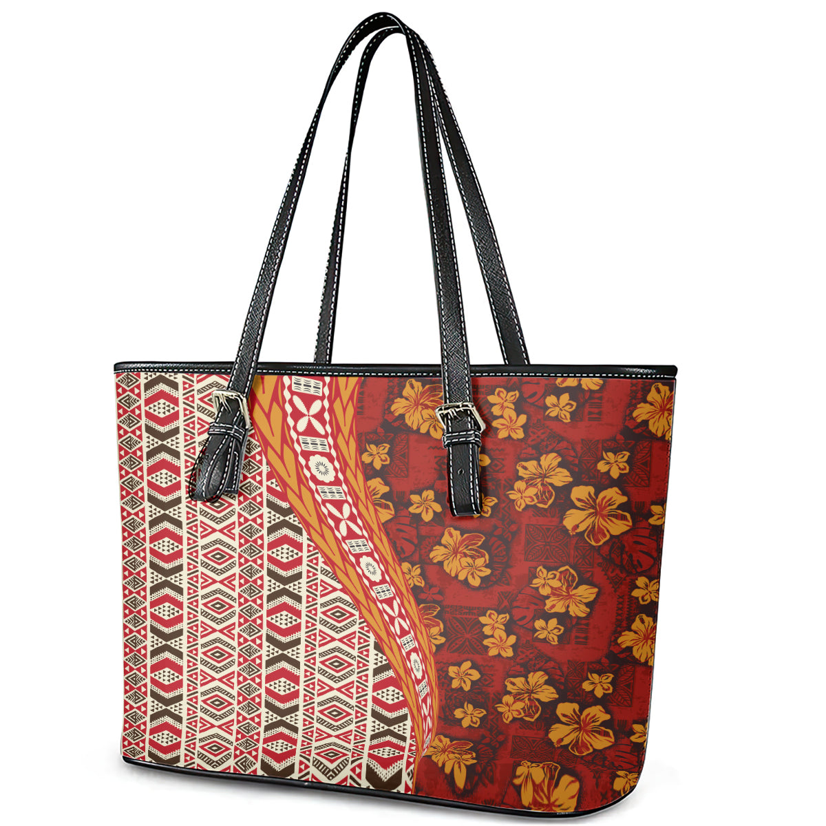 Hawaii Native Tapa Elements and Hibiscus Flowers Leather Tote Bag LT03 - Polynesian Pride