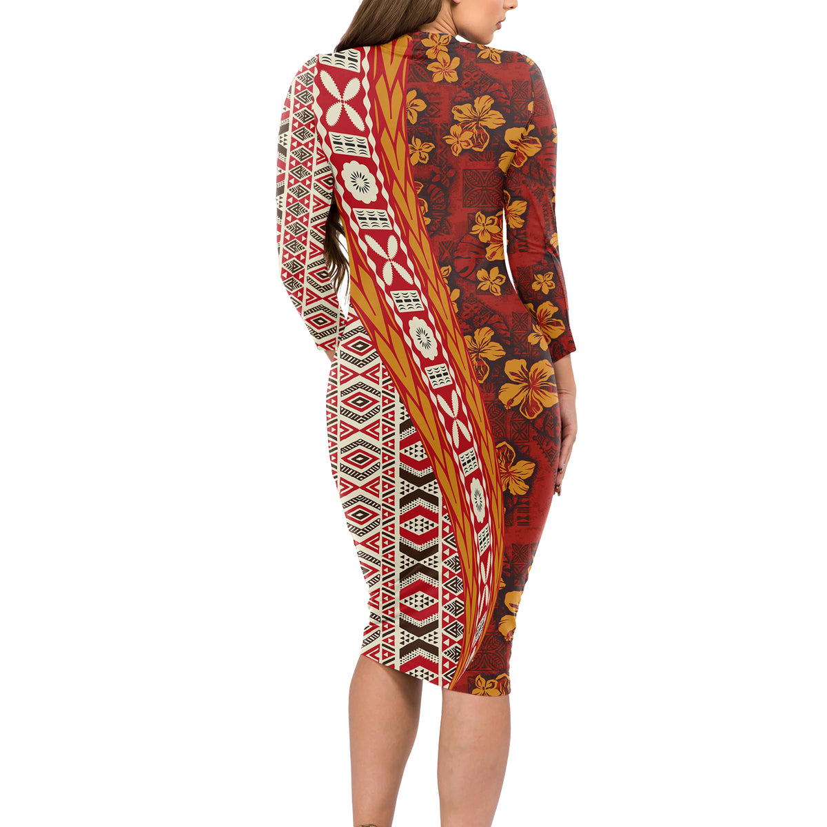 Hawaii Native Tapa Elements and Hibiscus Flowers Long Sleeve Bodycon Dress LT03 - Polynesian Pride