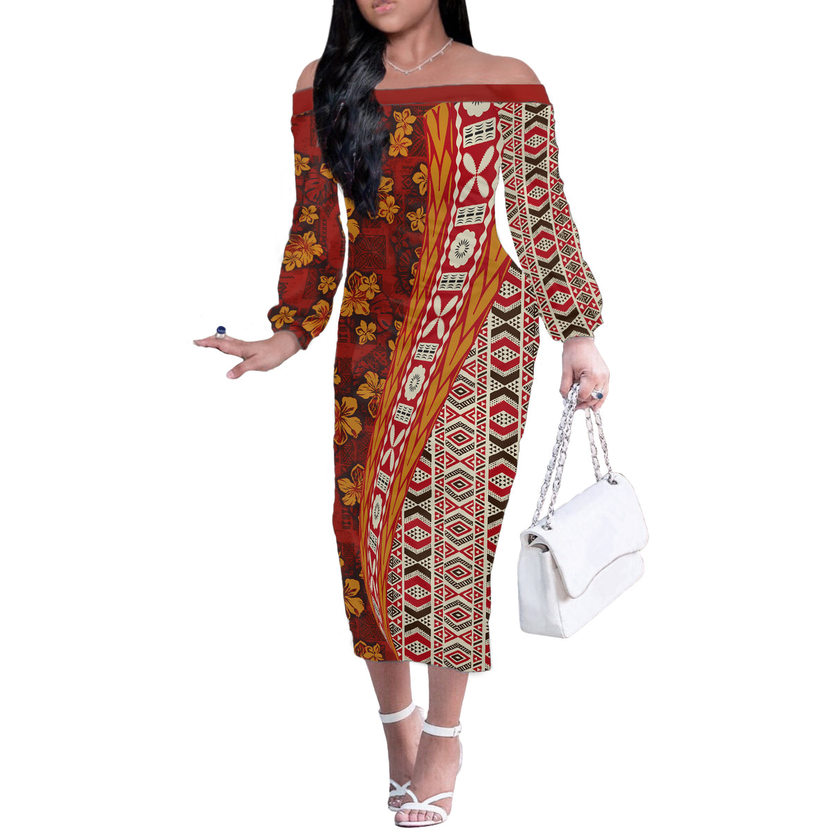 Hawaii Native Tapa Elements and Hibiscus Flowers Off The Shoulder Long Sleeve Dress LT03 Women Red - Polynesian Pride