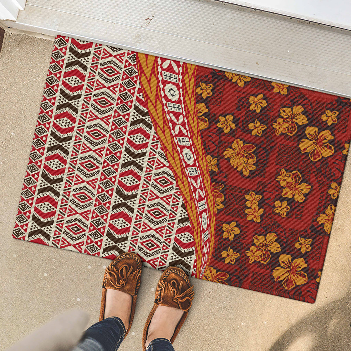 Hawaii Native Tapa Elements and Hibiscus Flowers Rubber Doormat LT03 - Polynesian Pride