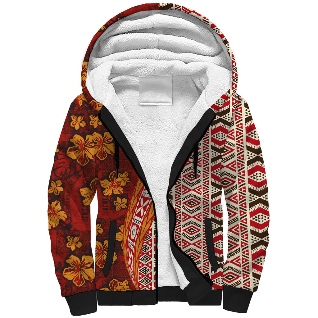 Hawaii Native Tapa Elements and Hibiscus Flowers Sherpa Hoodie LT03 Unisex Red - Polynesian Pride