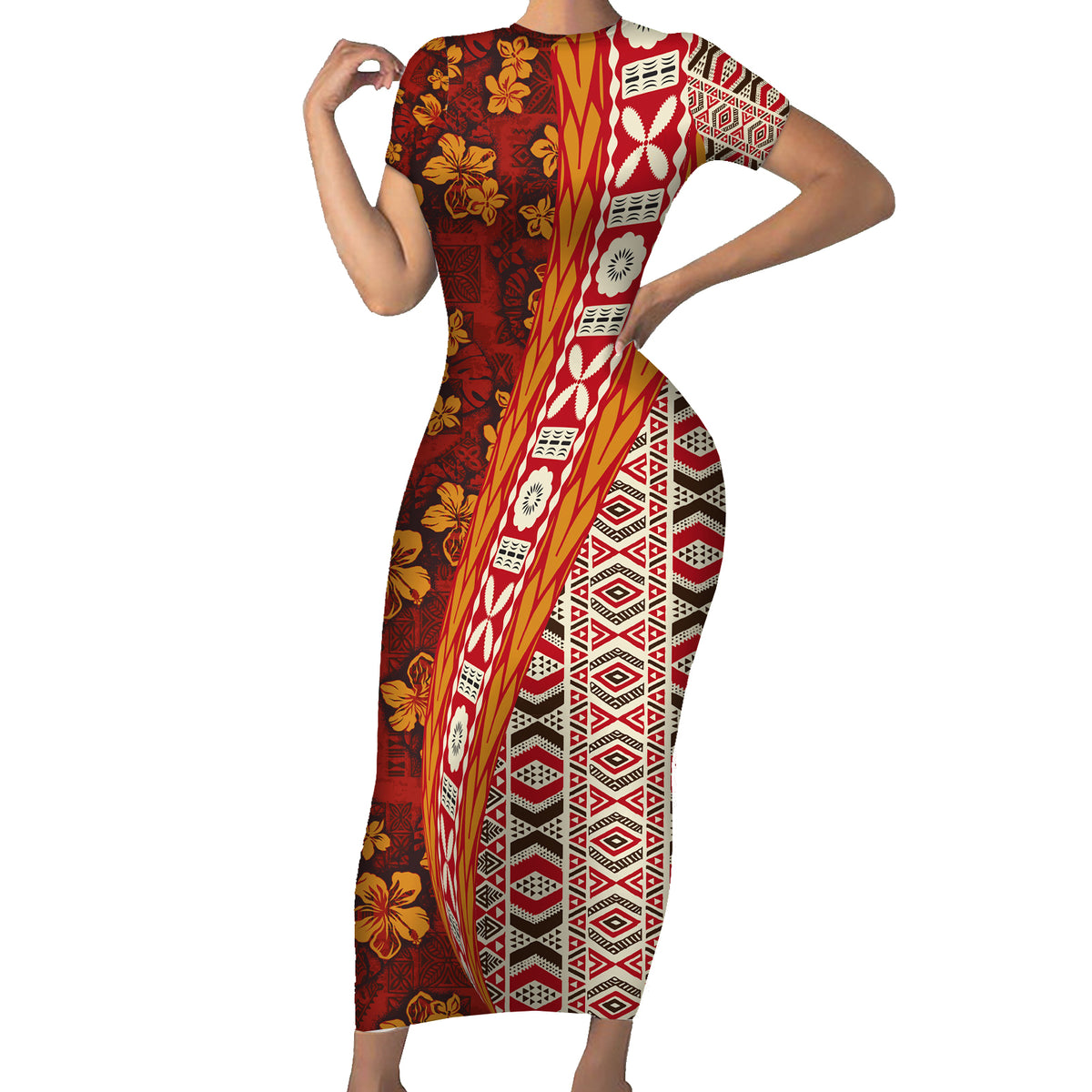 Hawaii Native Tapa Elements and Hibiscus Flowers Short Sleeve Bodycon Dress LT03 Long Dress Red - Polynesian Pride