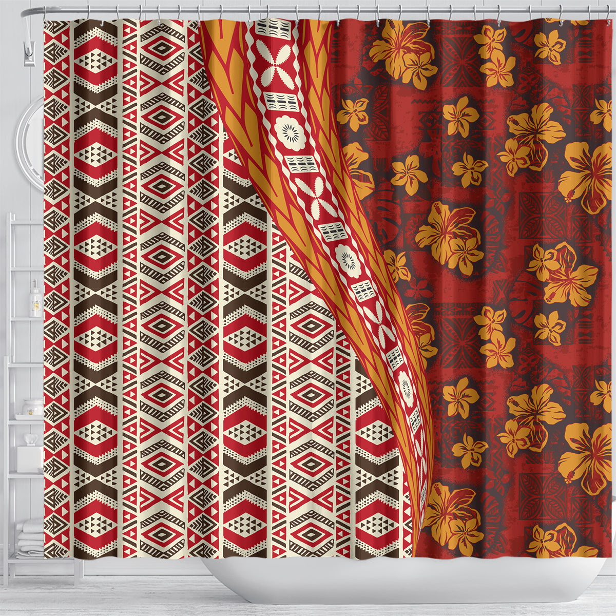 Hawaii Native Tapa Elements and Hibiscus Flowers Shower Curtain LT03 - Polynesian Pride