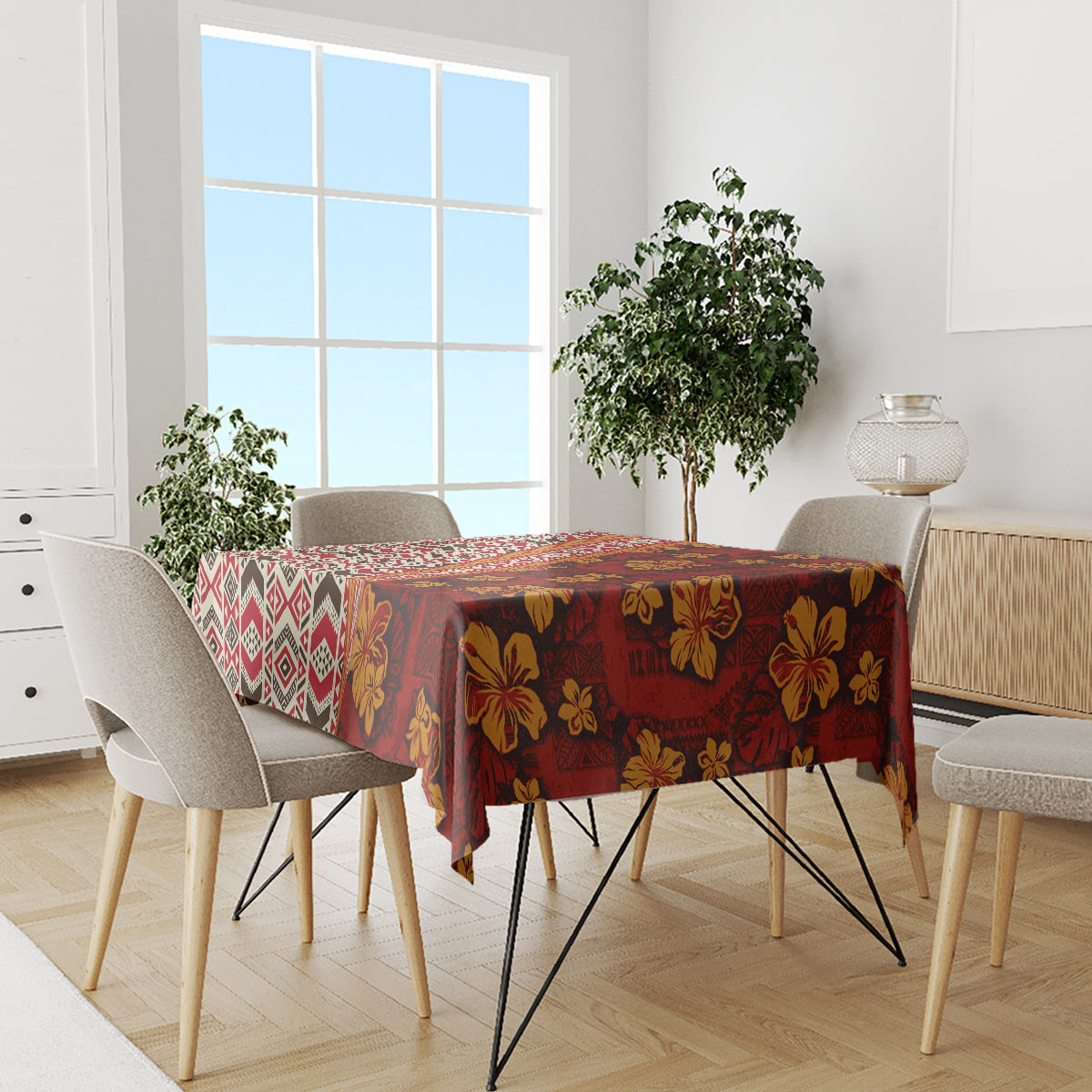 Hawaii Native Tapa Elements and Hibiscus Flowers Tablecloth LT03 - Polynesian Pride