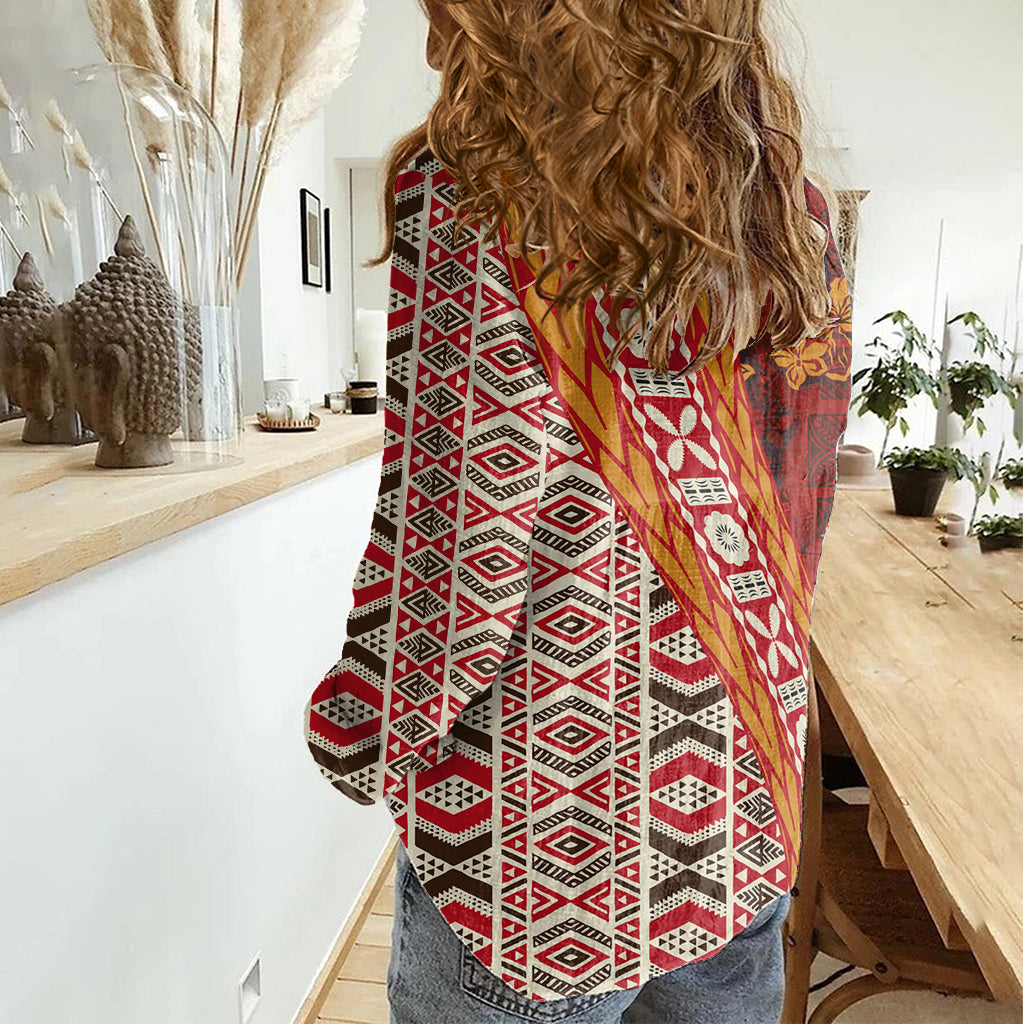 Hawaii Native Tapa Elements and Hibiscus Flowers Women Casual Shirt LT03 - Polynesian Pride