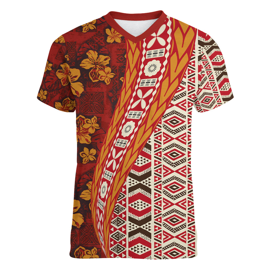 Hawaii Native Tapa Elements and Hibiscus Flowers Women V Neck T Shirt LT03 Female Red - Polynesian Pride