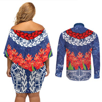 Samoan Tapa Couples Matching Off Shoulder Short Dress and Long Sleeve Button Shirt Ula Fala and Teuila Flower LT03 - Polynesian Pride