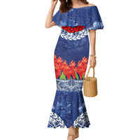 Samoan Tapa Family Matching Mermaid Dress and Hawaiian Shirt Ula Fala and Teuila Flower LT03 Mom's Dress Blue - Polynesian Pride