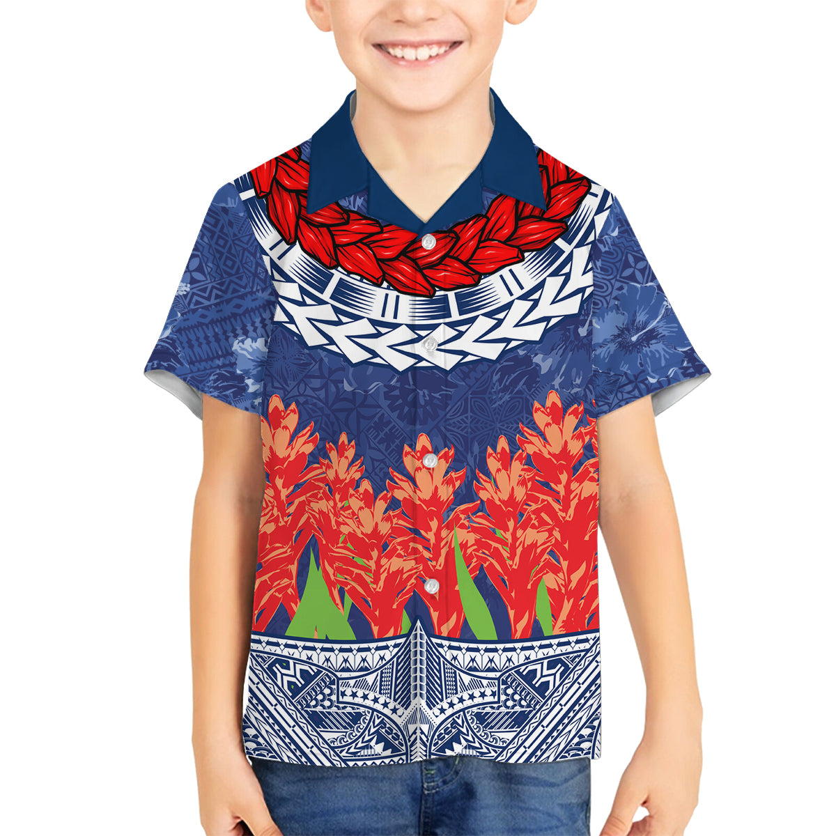 Samoan Tapa Family Matching Summer Maxi Dress and Hawaiian Shirt Ula Fala and Teuila Flower LT03 Son's Shirt Blue - Polynesian Pride
