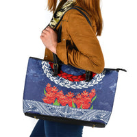 Samoan Tapa Leather Tote Bag Ula Fala and Teuila Flower LT03 Blue - Polynesian Pride