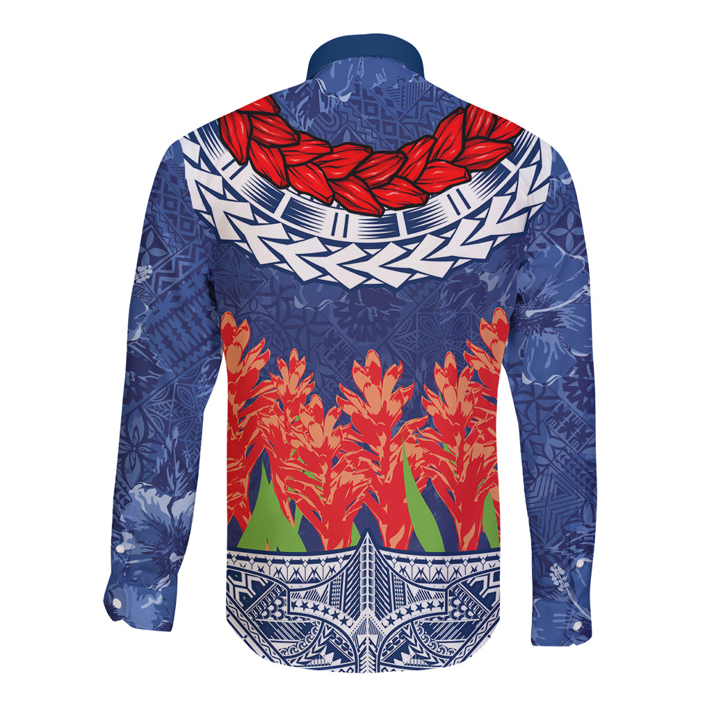 Samoan Tapa Long Sleeve Button Shirt Ula Fala and Teuila Flower LT03 - Polynesian Pride