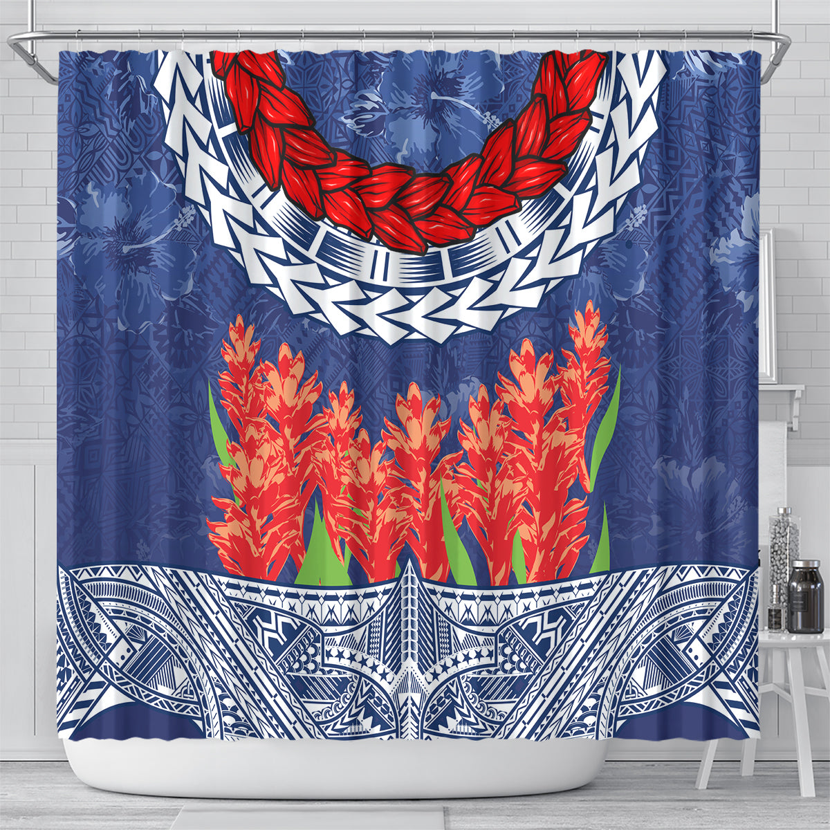 Samoan Tapa Shower Curtain Ula Fala and Teuila Flower LT03 - Polynesian Pride