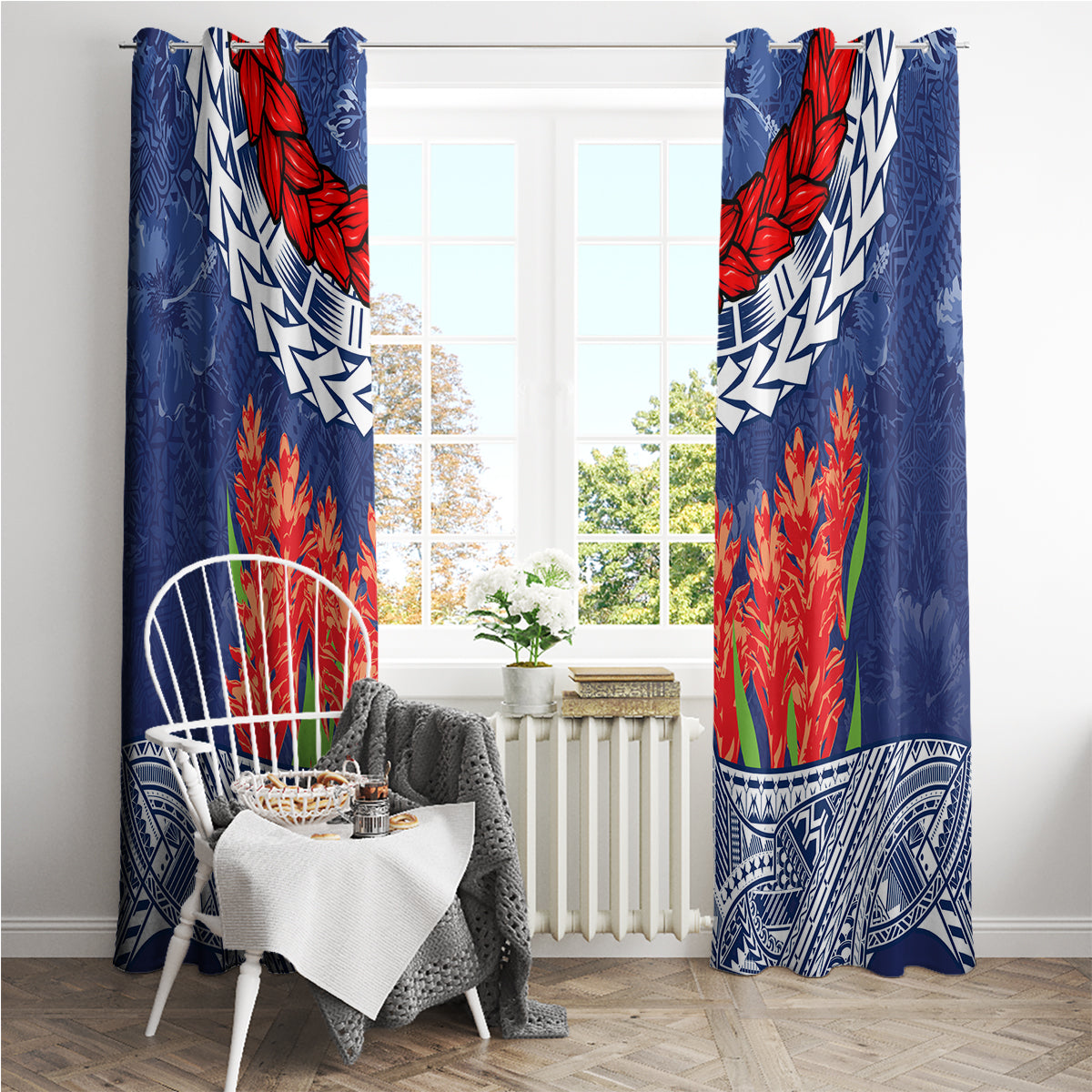 Samoan Tapa Window Curtain Ula Fala and Teuila Flower LT03 - Polynesian Pride