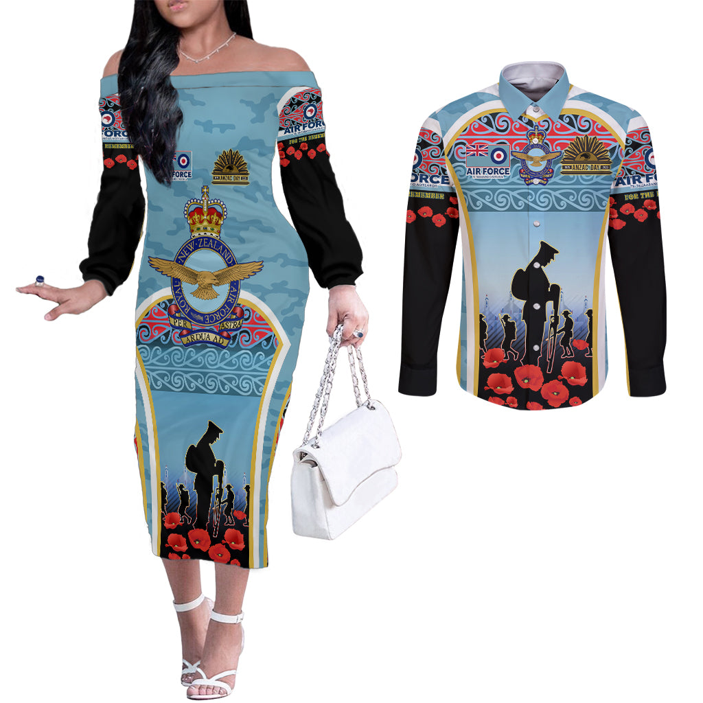 Royal New Zealand Air Force ANZAC Day Couples Matching Off The Shoulder Long Sleeve Dress and Long Sleeve Button Shirt Te Tauaarangi o Aotearoa LT03 Blue - Polynesian Pride