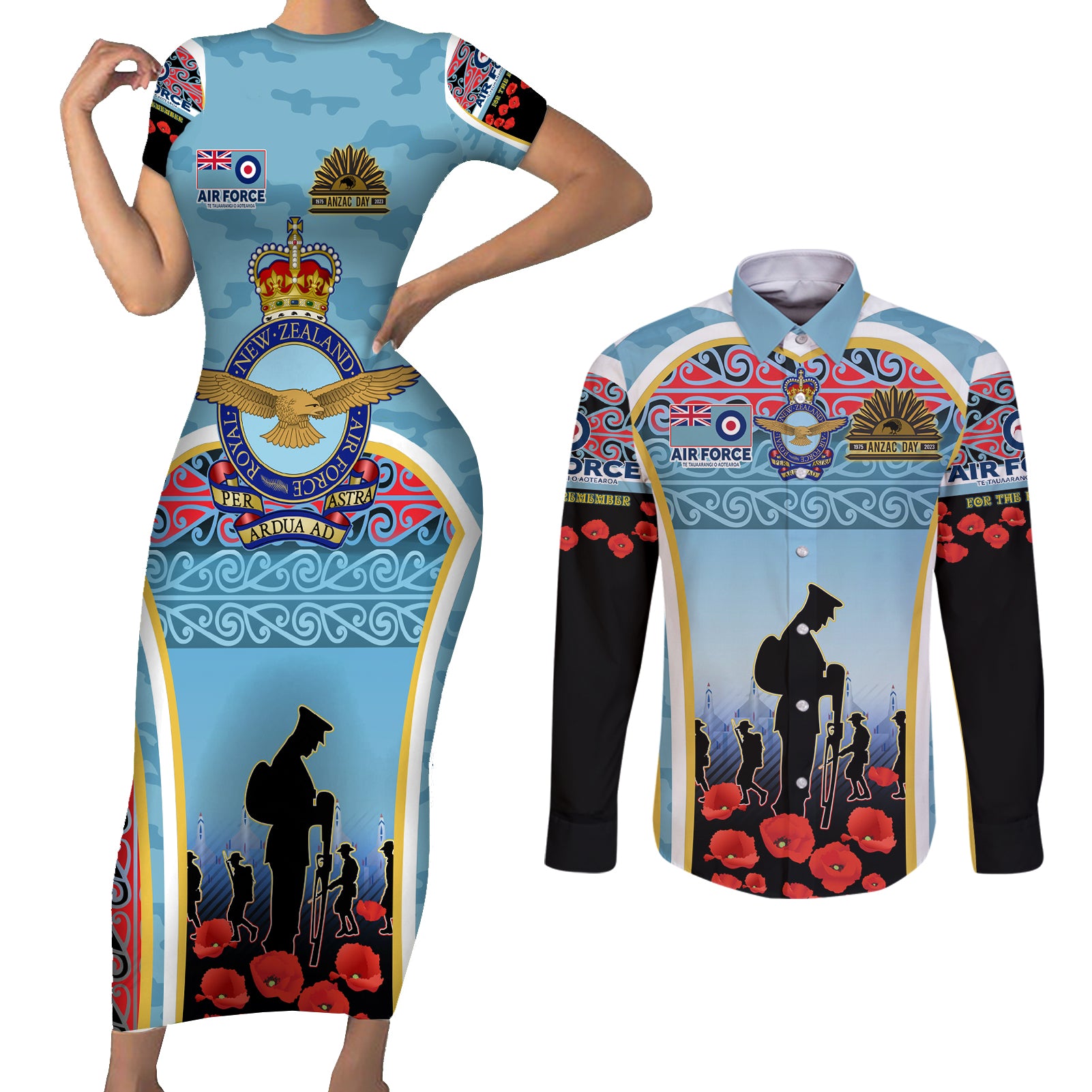 Royal New Zealand Air Force ANZAC Day Couples Matching Short Sleeve Bodycon Dress and Long Sleeve Button Shirt Te Tauaarangi o Aotearoa LT03 Blue - Polynesian Pride