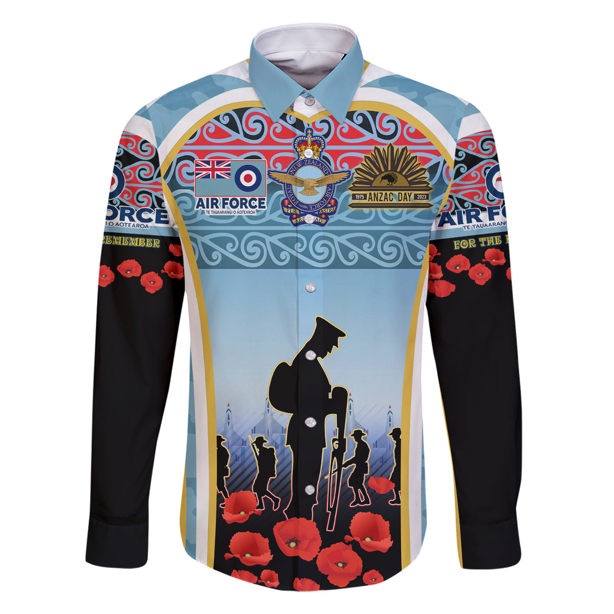 Royal New Zealand Air Force ANZAC Day Family Matching Long Sleeve Bodycon Dress and Hawaiian Shirt Te Tauaarangi o Aotearoa LT03 Dad's Shirt - Long Sleeve Blue - Polynesian Pride